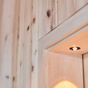 Detailaufnahme Linsen-LED-Einbau-Spot für Holztürrahmen